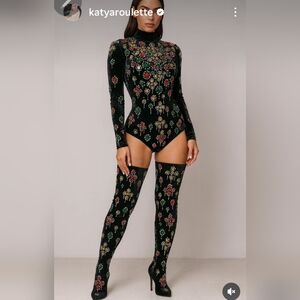 EDC Velvet rhinestone crystal leotard w gloves halloween costume music festival